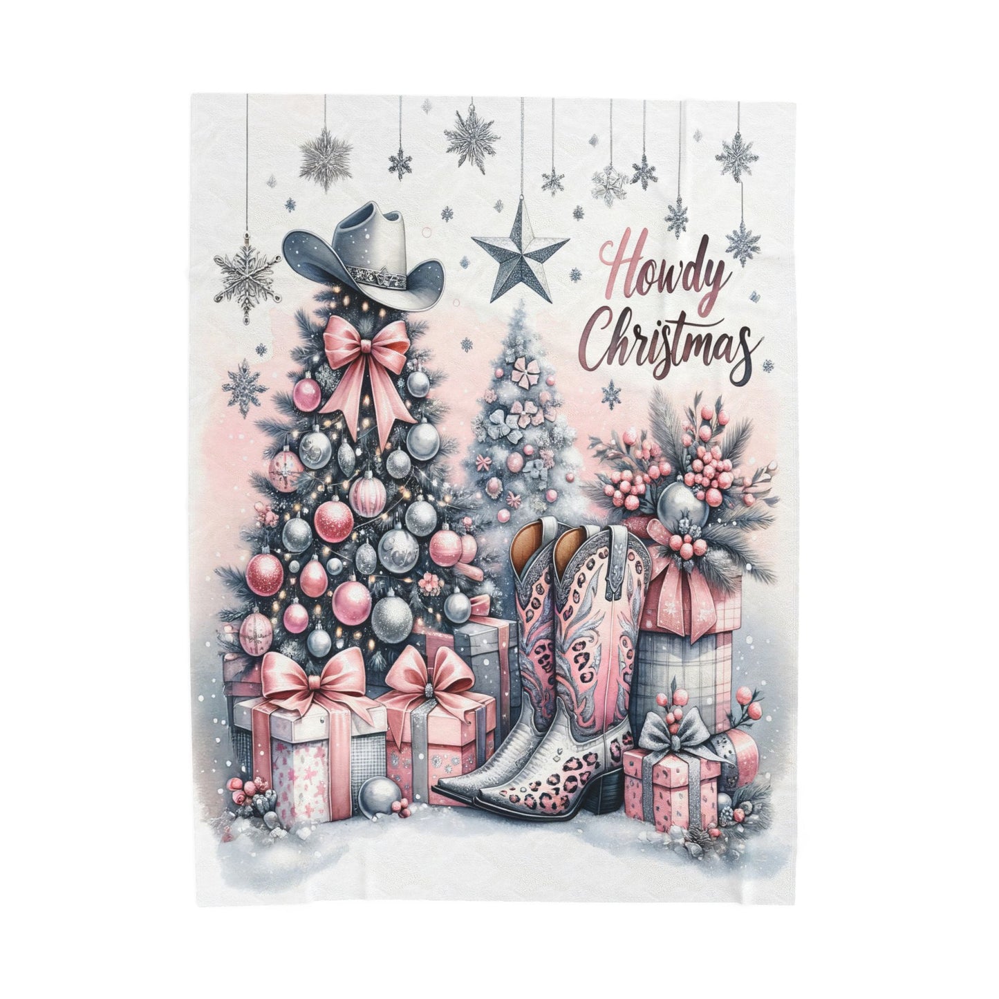 Country Western Howdy Christmas Pink Sparkle Velveteen Plush Blanket 3 Sizes