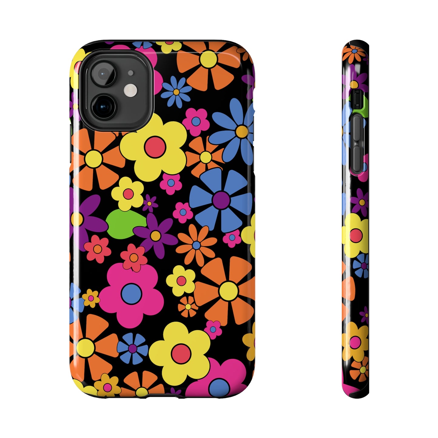 Flower Power Design on Black Background Iphone Tough Phone Case