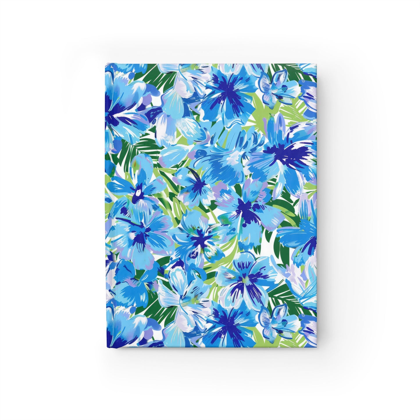 Azure Bloom Oasis: Bright Blue Large Flowers with Lush Green Palm Leaves in Flight Hardcover Ruled Line Journal