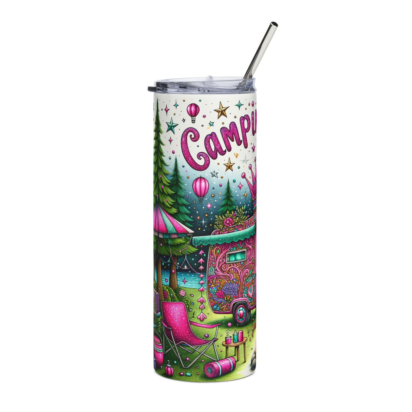 Camping Queen Tumbler Wrap Outdoor Camping Lover, Camper Van Seamless Design 20 oz Skinny Tumbler