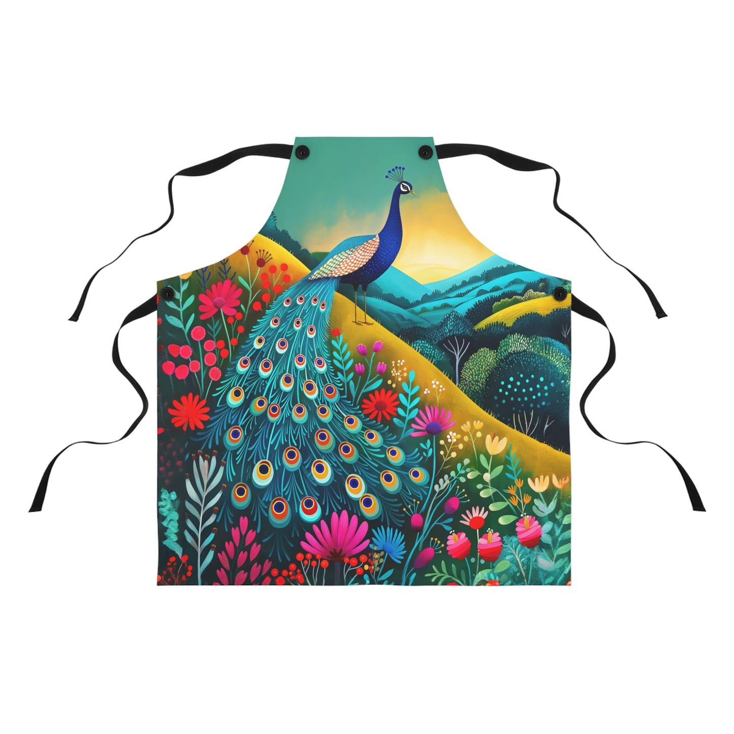 Radiant Peacock with Colorful Enchanted Garden and Sunrise Kitchen Chef Apron