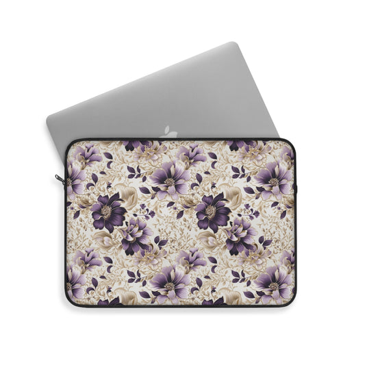 Purple Majesty: Watercolor Floral Design with Gold Foliage Accents - Laptop or Ipad Protective Sleeve 3 Sizes