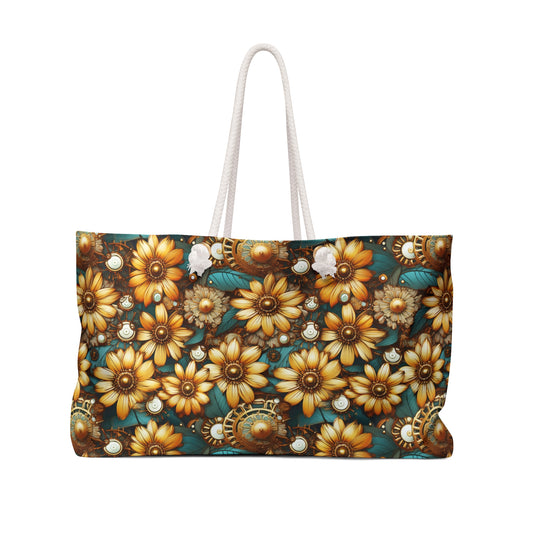Victorian Steampunk Gold Flowers Teal Background with Gears and Mechanical Elements - Weekender Oversized Canvas Tote Bag 24" × 13"