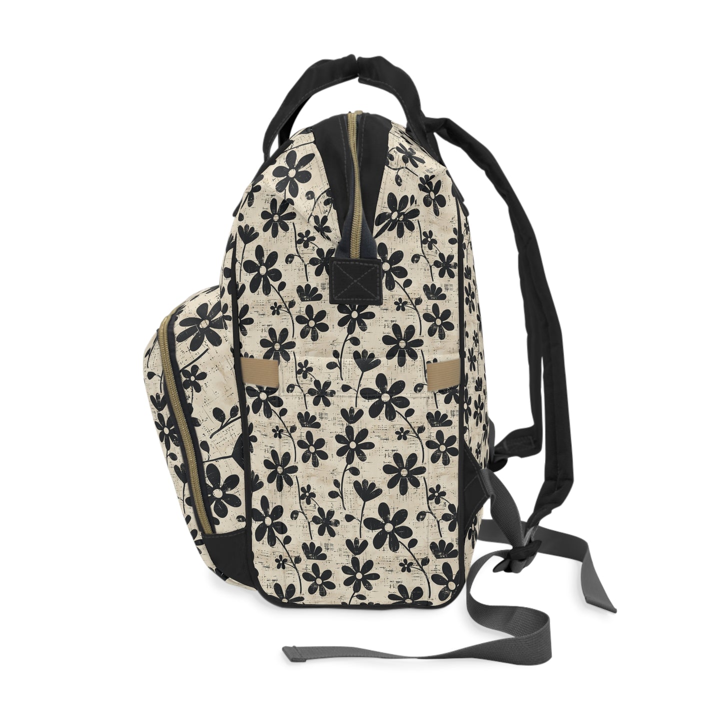 Distressed Black Floral on Beige Background Multifunctional Diaper Backpack