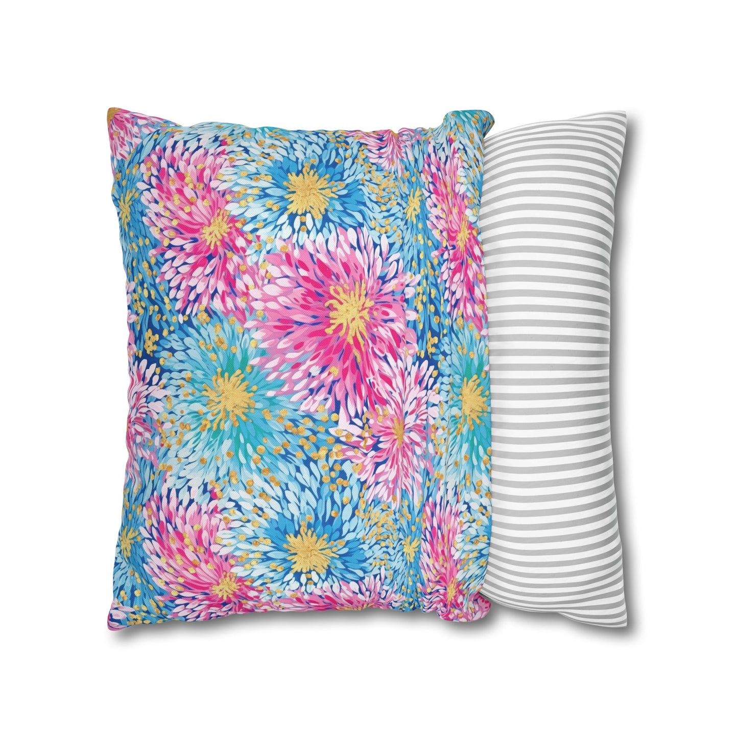 Pastel Harmony: Watercolor Chrysanthemums in Pink, Blue, and Yellow Spun Polyester Square Pillowcase 4 Sizes