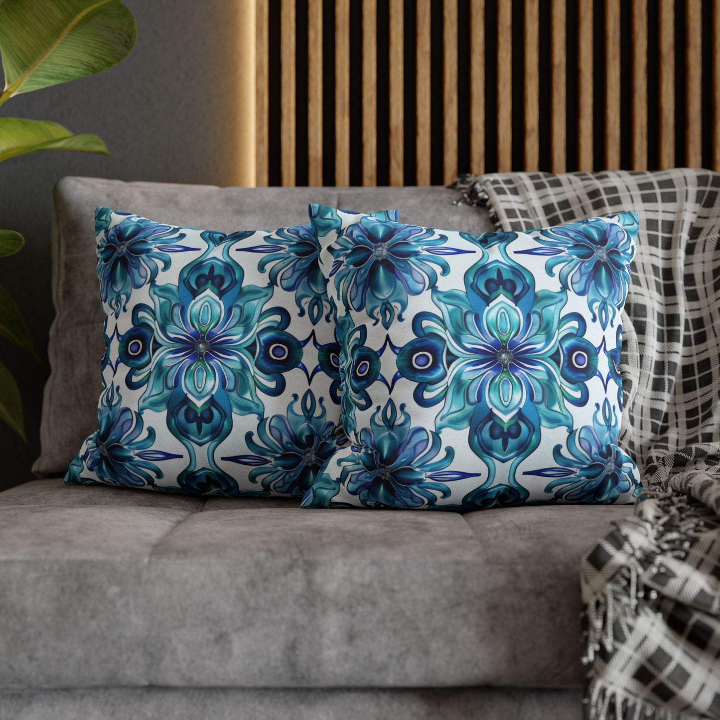 Blossom Symphony of Blue Teal Intricate Floral Pattern Spun Polyester Square Pillowcase 4 Sizes