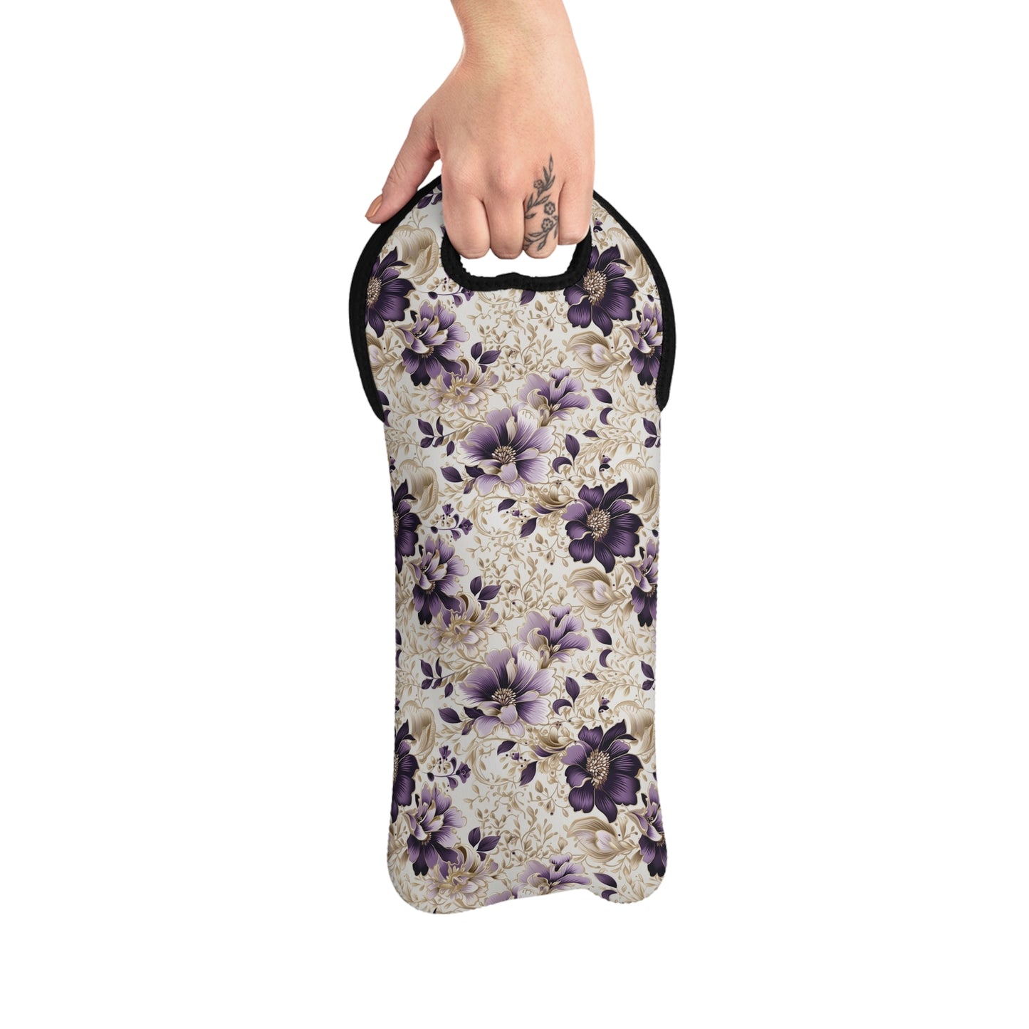 Purple Majesty: Watercolor Floral Design with Gold Foliage Accents Wine Tote Bag Reusable Eco Friendly