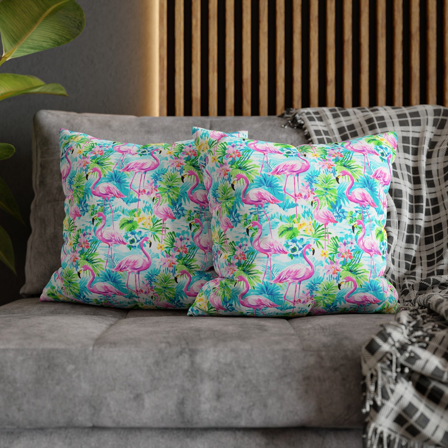 Tropical Flamingo Haven: Surrounded by Flowers and Palm Trees Spun Polyester Square Pillowcase 4 Sizes