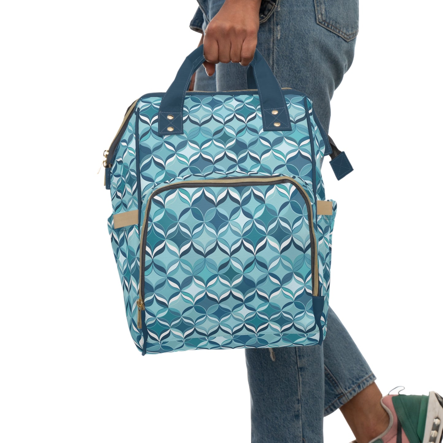 Modern Chic Aqua and Cream Geometric Pattern Multifunctional Diaper Backpack