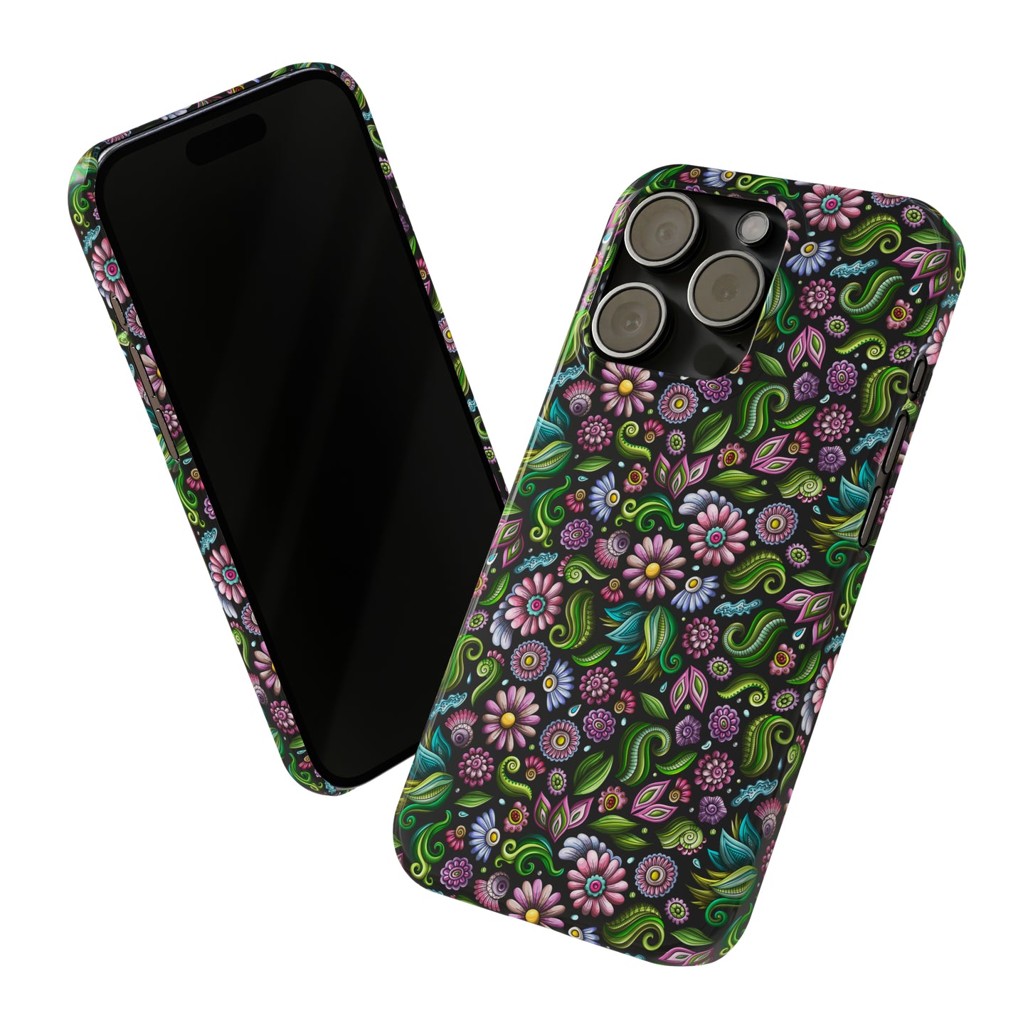 Purple & Pink Daisy Floral Print on Black Background Iphone 15-12 Slim Phone Case