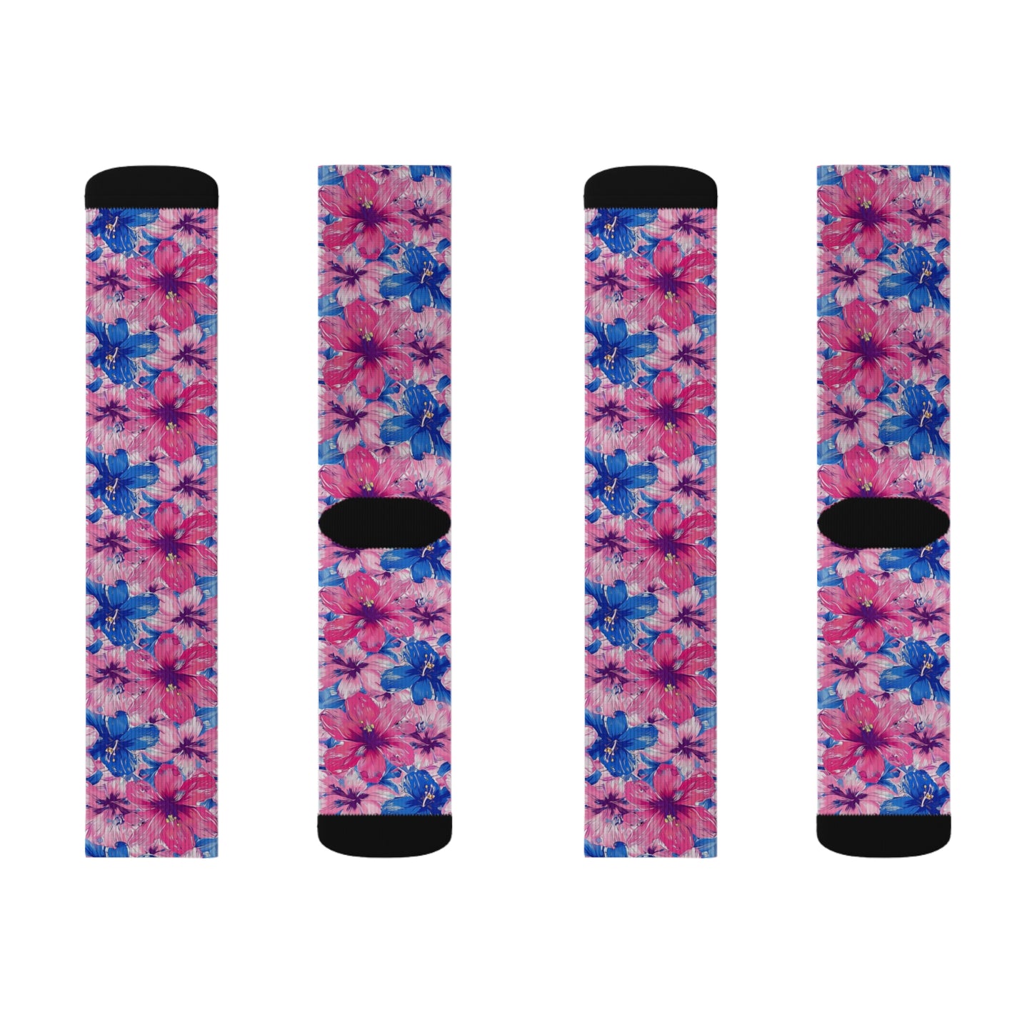 Blooming Bliss: Large Pink and Blue Blossoms in Full Bloom Ribbed Crew Socks