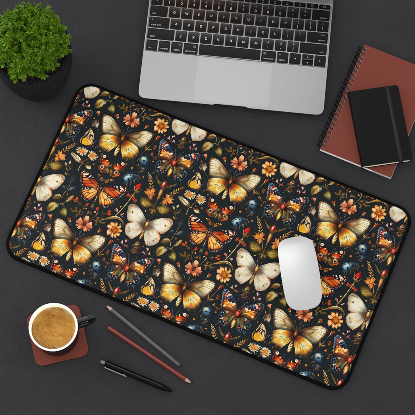 Enchanted Garden of Butterflies and Botanicals in Rich Autumn Hues on a Deep Night Background Extended Gaming Mouse Pad Desk Mat - 3 Sizes