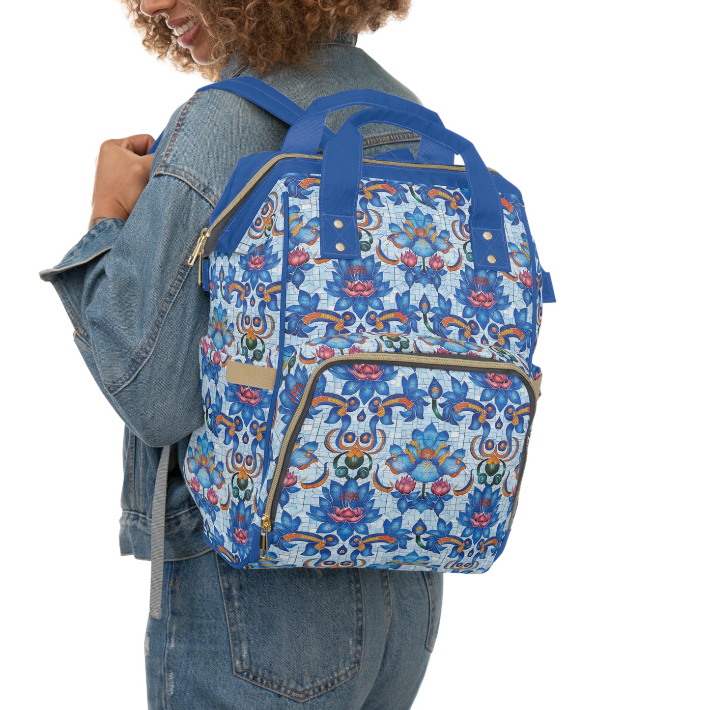 Majestic Mosaic Blossoms Vibrant Blue and Pink Floral Tile Design Multifunctional Diaper Backpack