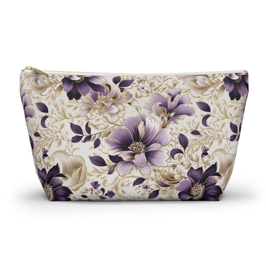 Purple Majesty: Watercolor Floral Design with Gold Foliage Accents  - Makeup & Accessory Bag 2 Sizes