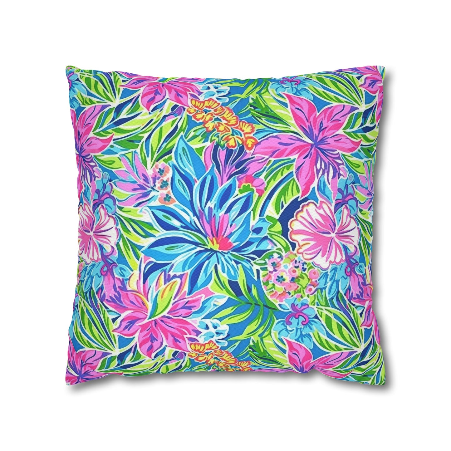 Summer Harmony: Pink and Blue Blooms with Lush Green Leaves Spun Polyester Square Pillowcase 4 Sizes