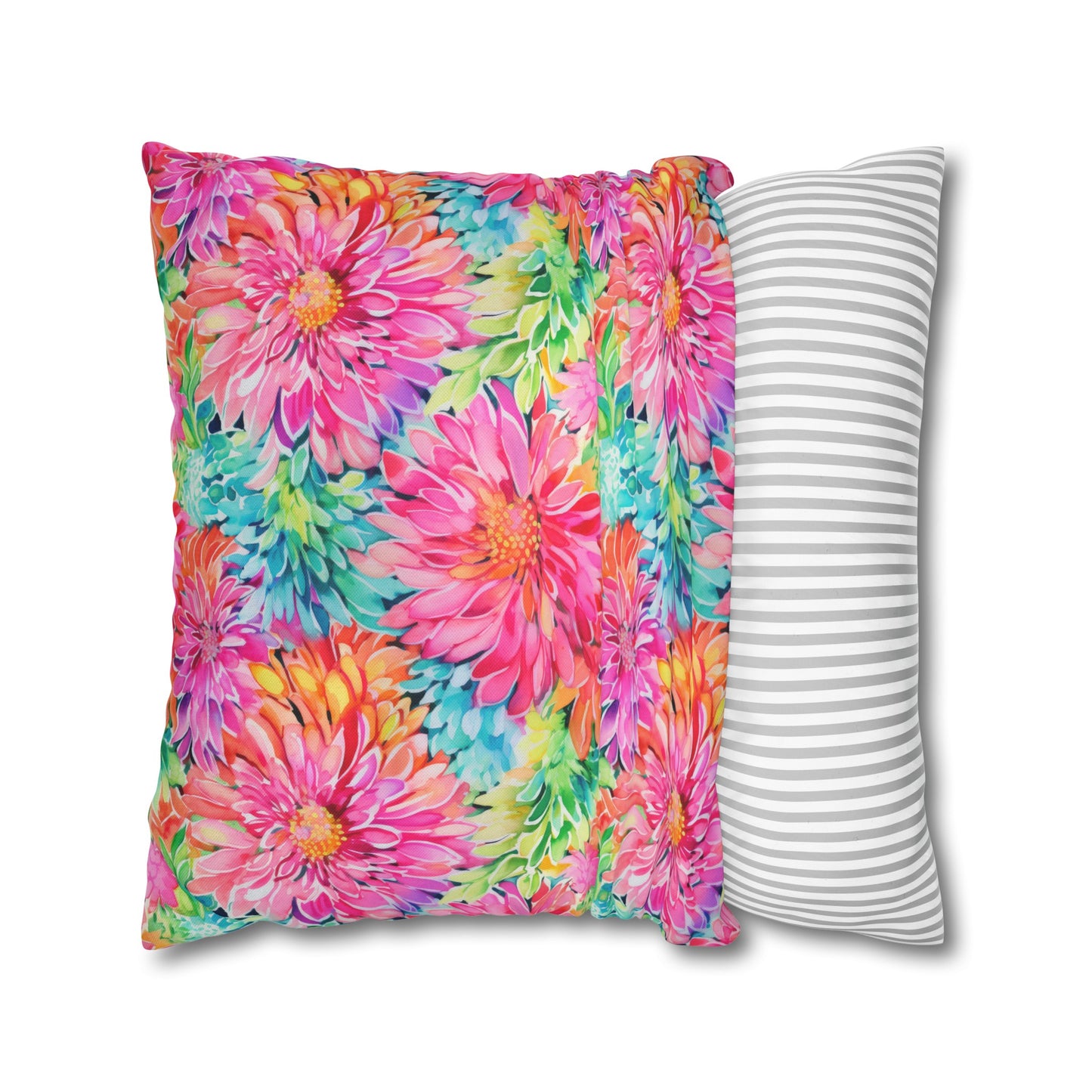 Blooming Spectrum: Large Vibrant Watercolor Flowers in Full Bloom Spun Polyester Square Pillowcase 4 Sizes