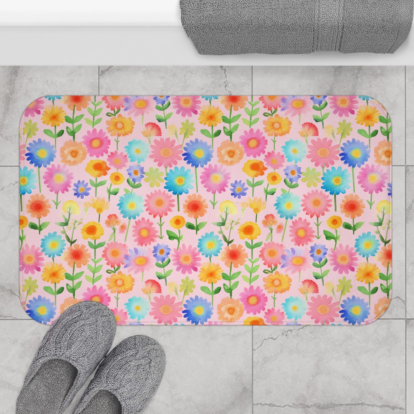 Lively Watercolor Blooms: Vibrant Tiny Flowers Bursting with Color Design  - Bathroom Non-Slip Mat 2 Sizes