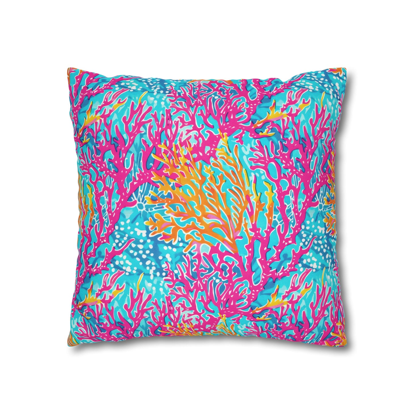 Coral Symphony: Bright Pink, Yellow, and Coral Dancing in the Blue Ocean Spun Polyester Square Pillowcase 4 Sizes