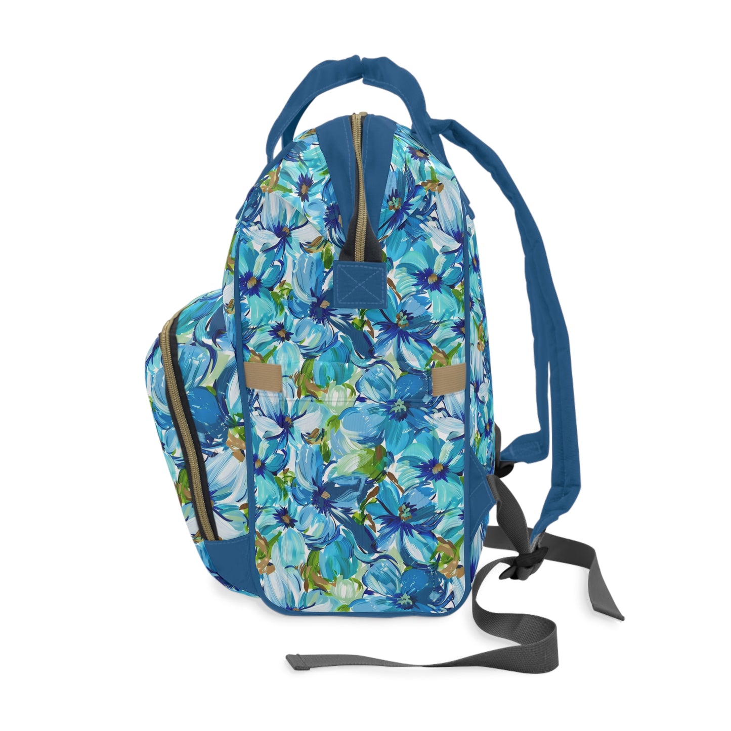 Large Blue Watercolor Flowers with Gentle Accents of Brown and Green Multifunctional Diaper Backpack