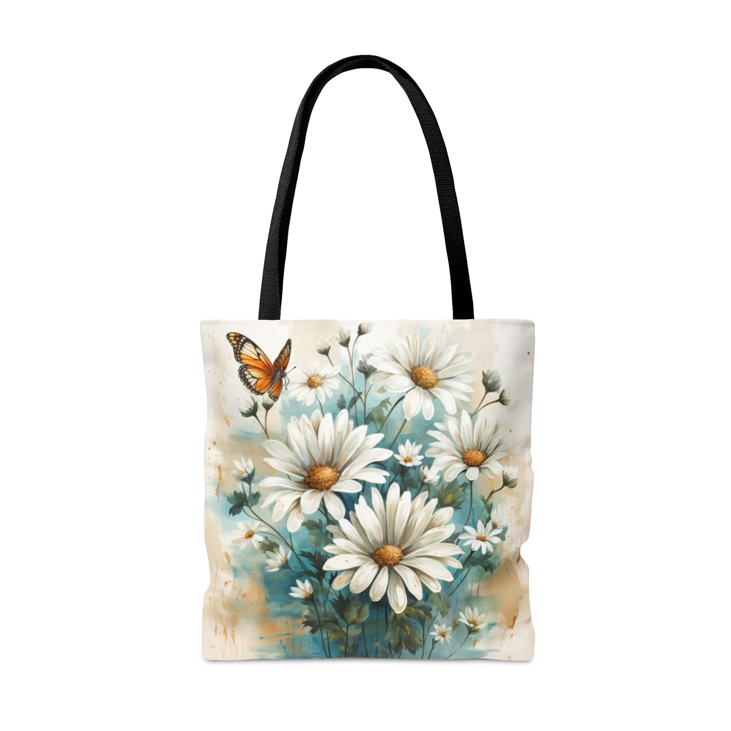 Rustic Farmhouse Teal and White Wild Daisies and Butterflies - Canvas Tote 3 Sizes