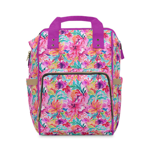 Rainbow Tropics: Watercolor Flowers in Vibrant Pink, Green and Orange Hues Multifunctional Diaper Backpack