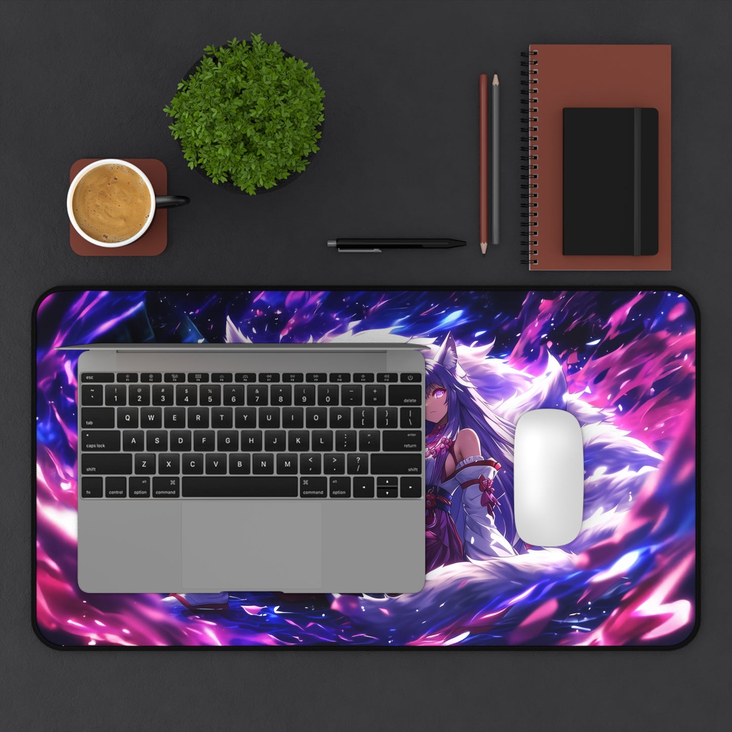 Anime Kitsune Fox Girl Mousepad, Spirit Wolf, Desk Mat, Extra Large Mousepad, Gaming Desk Mat, Desktop Accessory