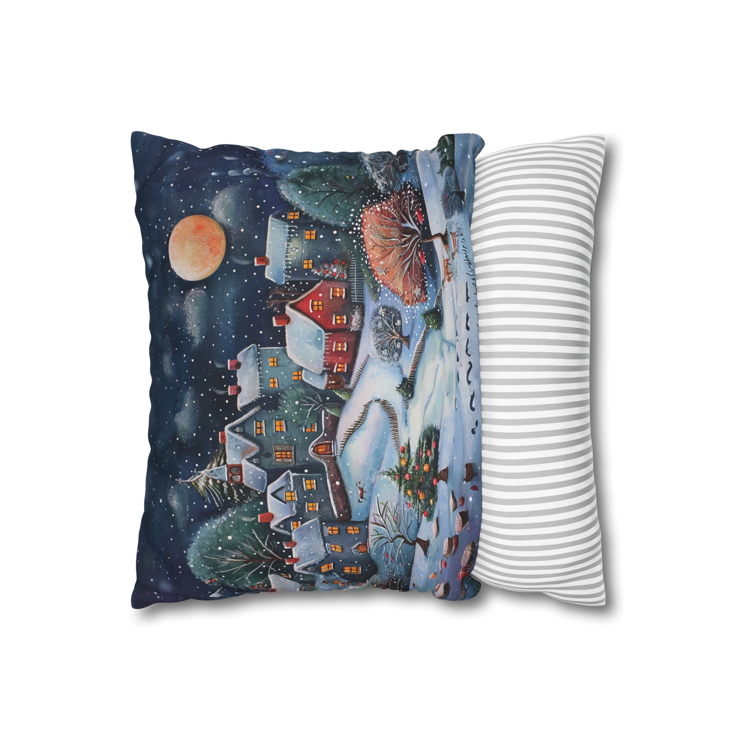 Snowy Serenade: Town at Winter Night with Reindeer Amidst the Snow  Spun Polyester Square Pillowcase 4 Sizes