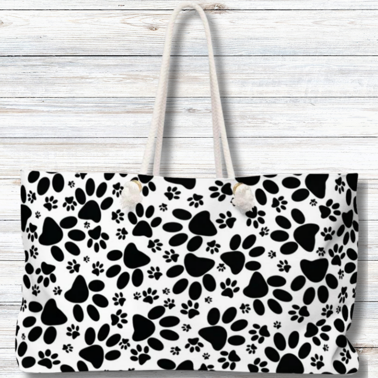 Stealthy Tracks: Black Animal Paw Prints - Weekender Oversized Canvas Tote Bag 24" × 13"