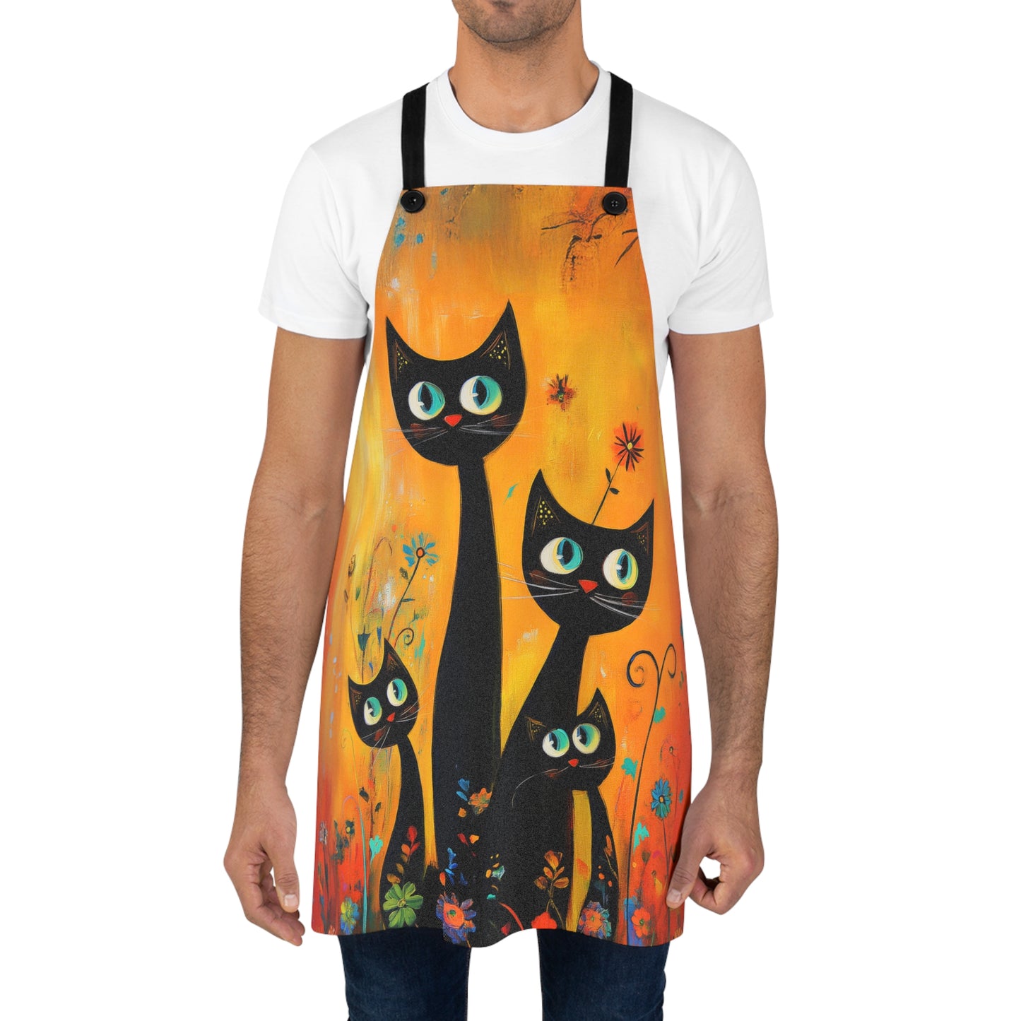 Playful Black Cats in a Vibrant Flower Garden Kitchen Chef Apron