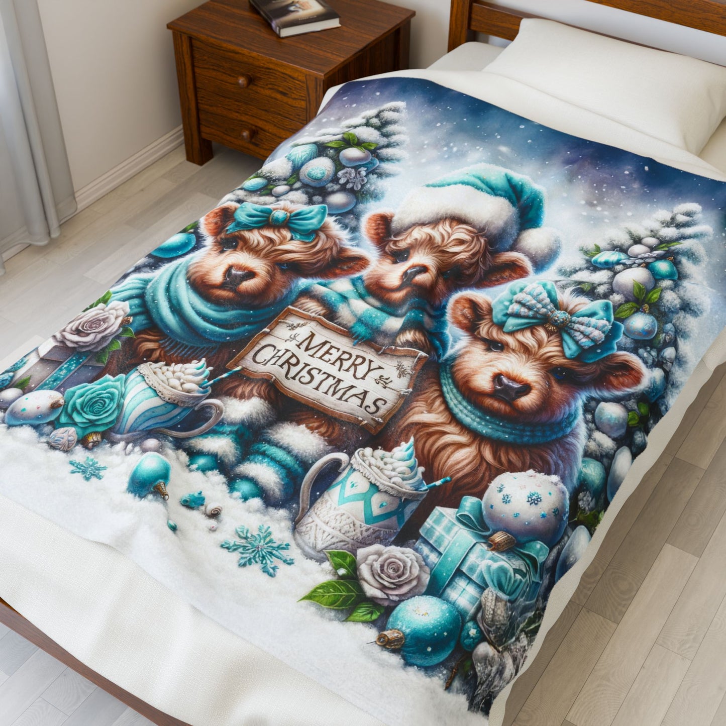 Baby Highland Cows Teal Merry Christmas Velveteen Plush Blanket 3 Sizes