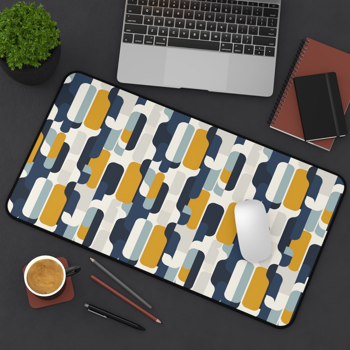 Modern Retro with Bold Geometric Pattern in Mustard and Navy Extended Gaming Mouse Pad  Desk Mat  - 3 Sizes