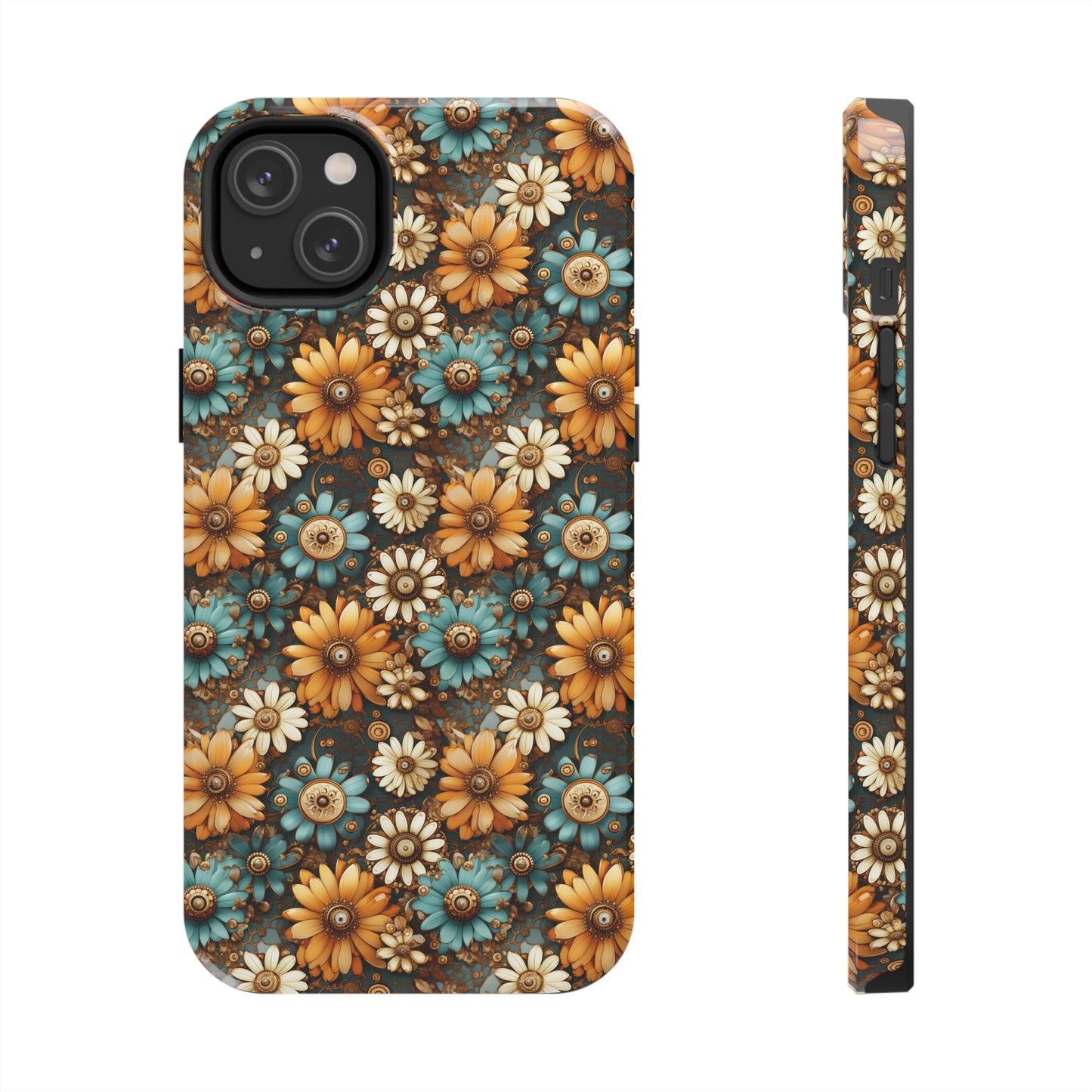 Victorian Steampunk Cream Gold and Teal Flowers with Gears and Mechanical Elements Iphone Tough Phone Case