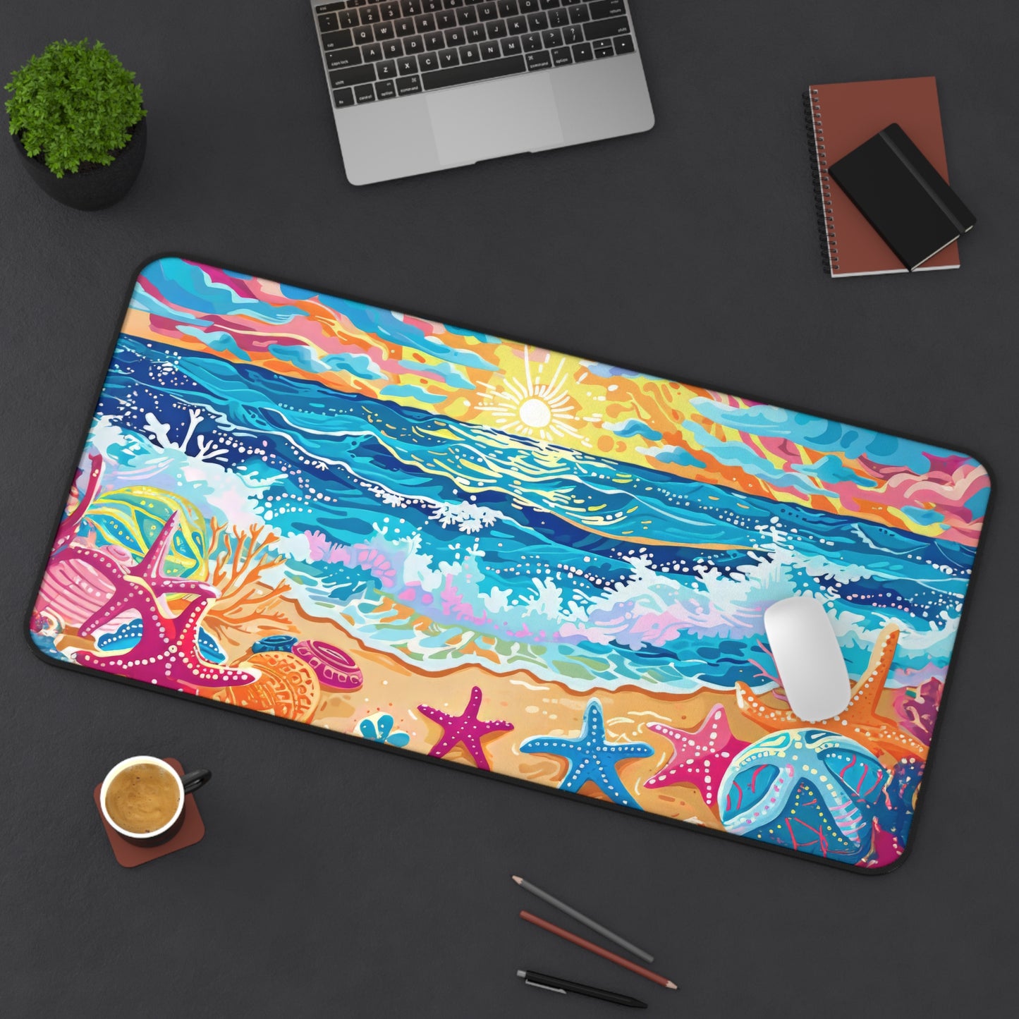 Vibrant Seaside Morning Layers of Energetic Waves, a Radiant Sun, and Colorful Seashells Extended Gaming Mouse Pad  Desk Mat  - 3 Sizes