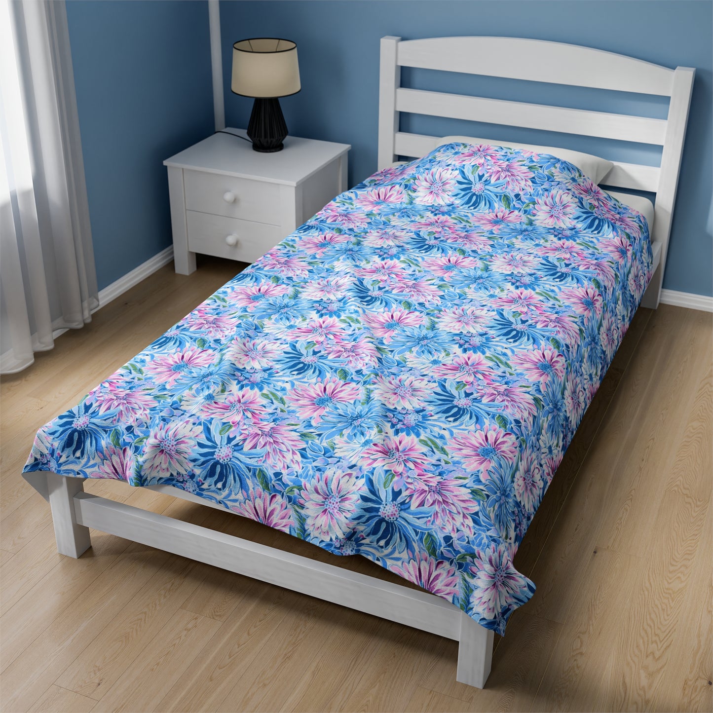 Pastel Blossom Symphony: Spring Flowers in Soft Pink and Blue Hues Velveteen Plush Blanket 3 Sizes