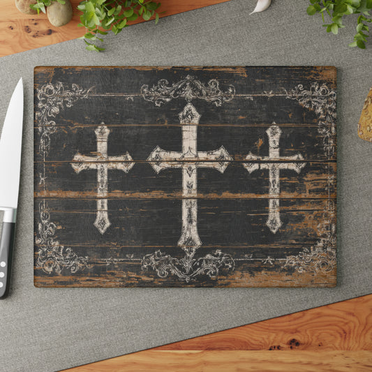Christian Western Cross Glass Cutting Board, Charcuterie Serving Tray 2 Sizes