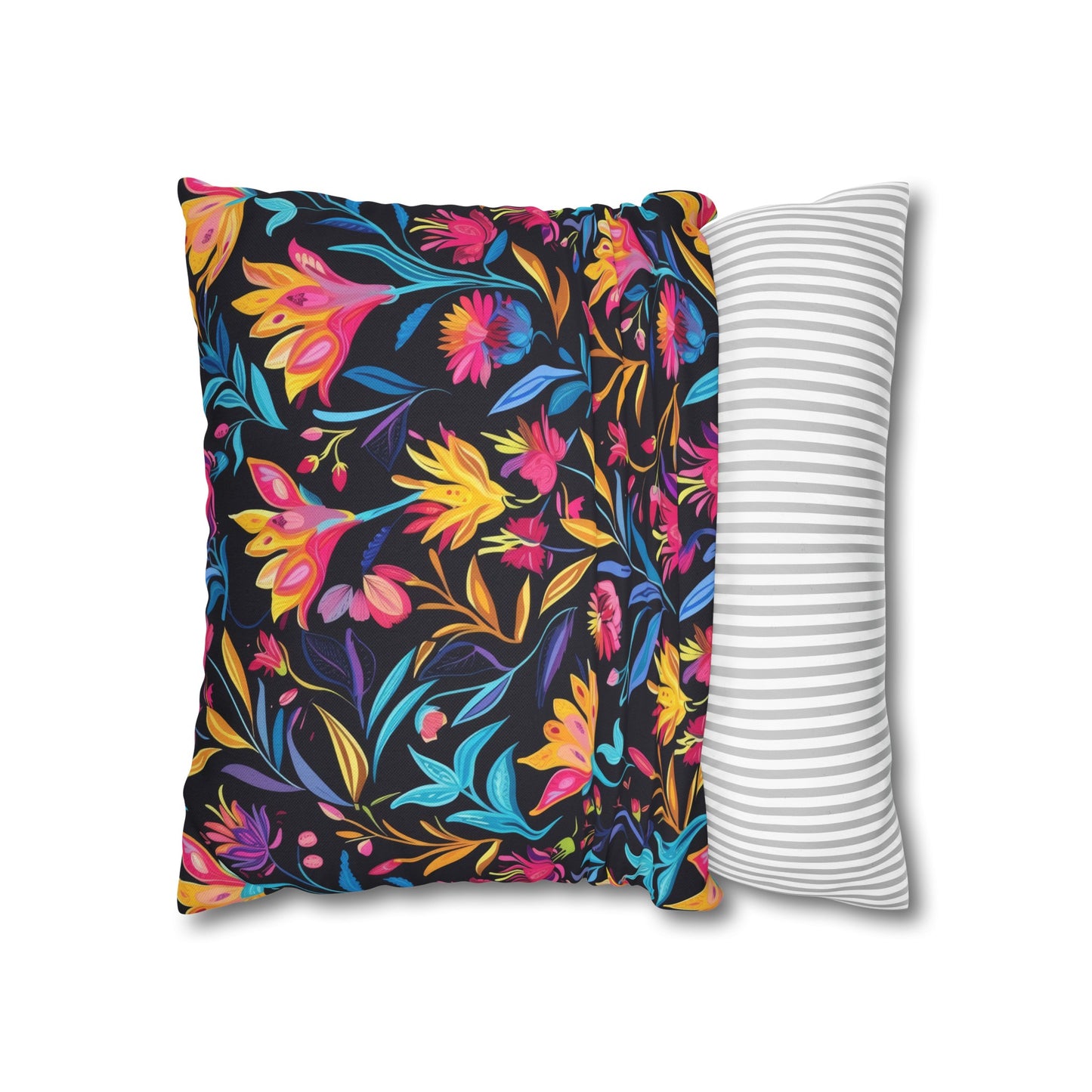 Vibrant Floral Fantasy in Midnight Garden Design Spun Polyester Square Pillowcase 4 Sizes