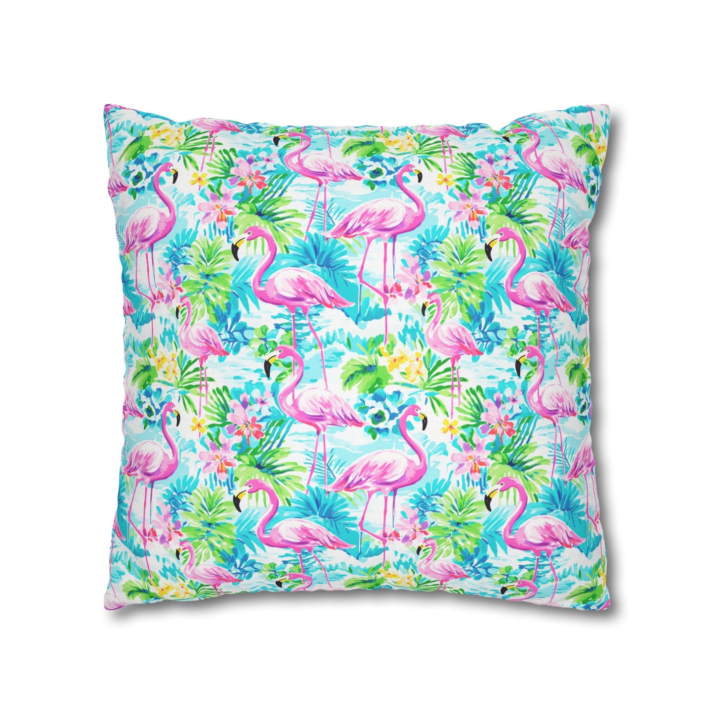 Tropical Flamingo Haven: Surrounded by Flowers and Palm Trees Spun Polyester Square Pillowcase 4 Sizes