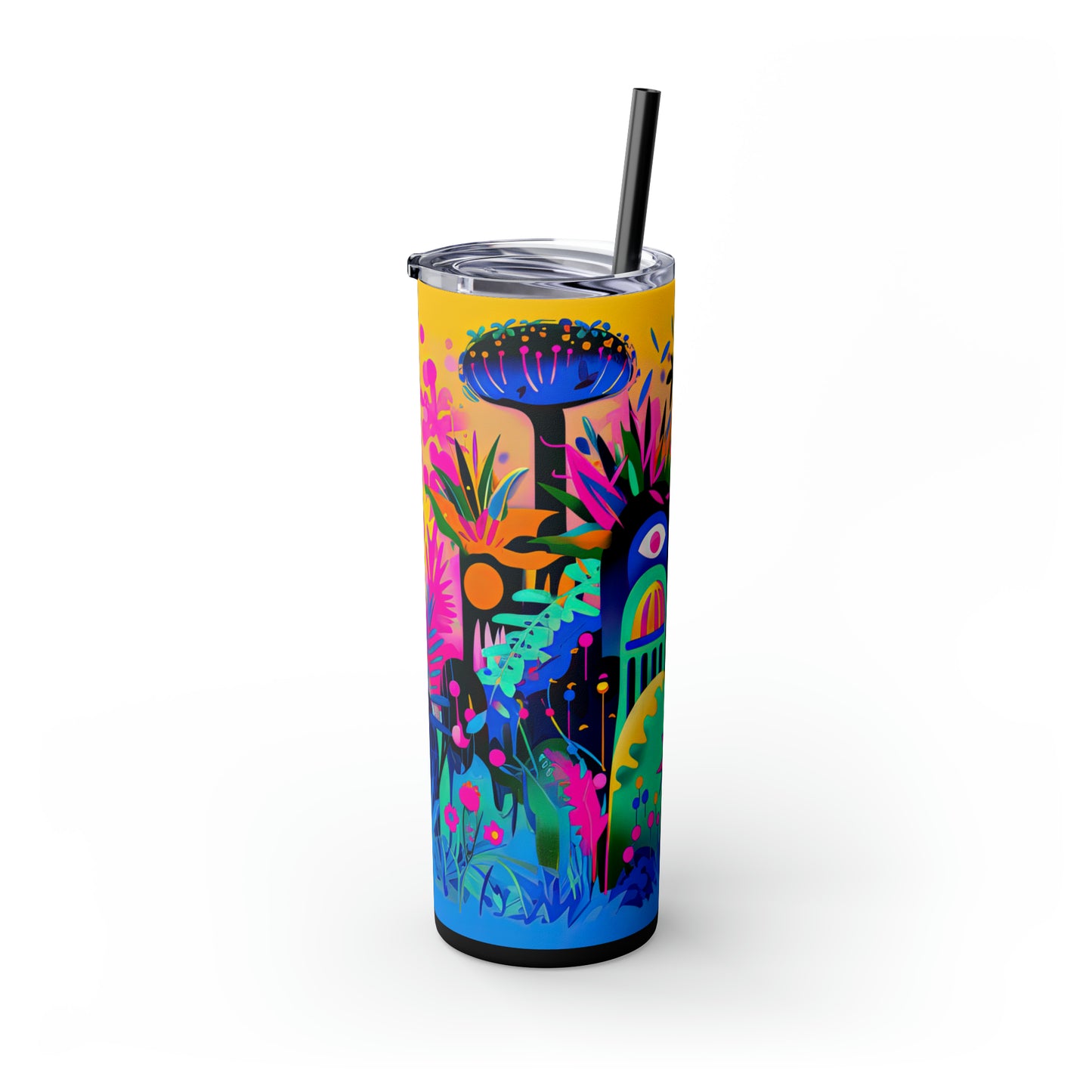 Tropical Neon Jungle Abstract Art Skinny Tumbler with Straw, 20oz