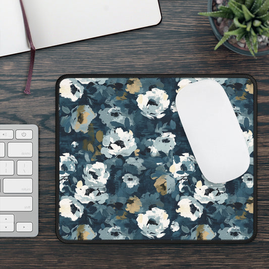 Chic and Artistic Floral Blooms in Shades of Navy, Gray, and Soft Gold Gaming Mouse Pad with Finished Edges