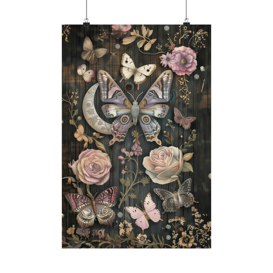 Mystical Crescent Moon Celestial Pink Flowers and Butterflies Print on Matte Poster - 4 Sizes