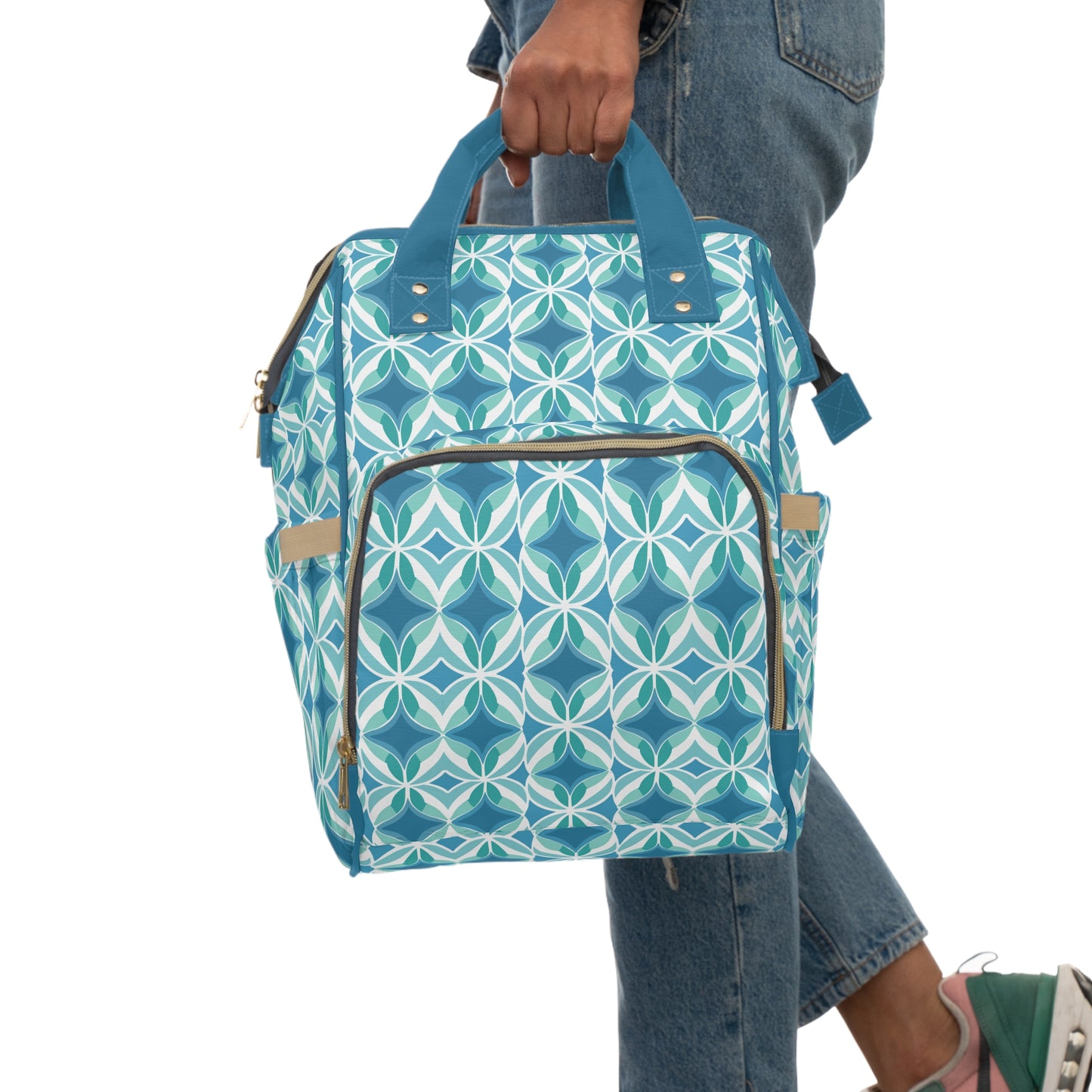 Retro Abstract Blue, Teal, and Aqua Pattern Multifunctional Diaper Backpack