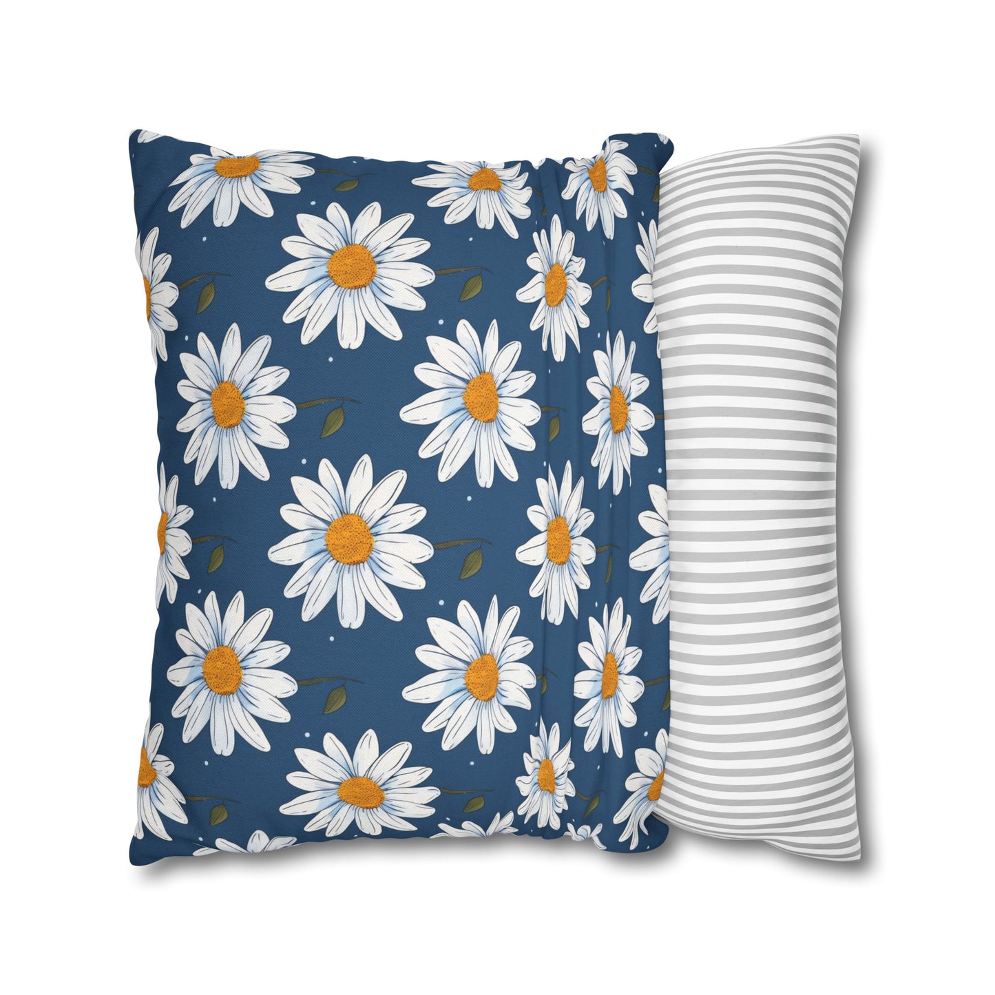 Elegant White Daisies on Navy Blue Background Spun Polyester Square Pillowcase 4 Sizes