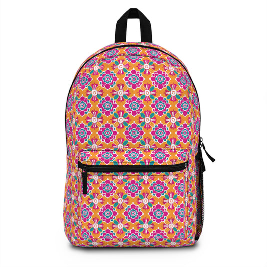 Array of Stylized Floral Motifs in Vivid Pink, Teal, and White Set Against a Warm Orange Backdrop Lightweight Stylish Durable Backpack (Made in USA)