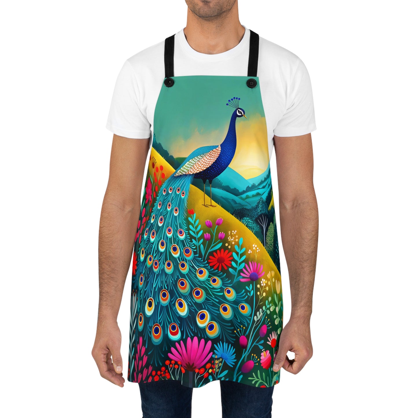 Radiant Peacock with Colorful Enchanted Garden and Sunrise Kitchen Chef Apron