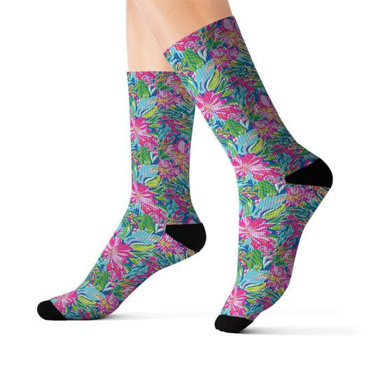 Sunlit Symphony: Large Blooms of Pink, Blue, and Green in Watercolor Ribbed Crew Socks