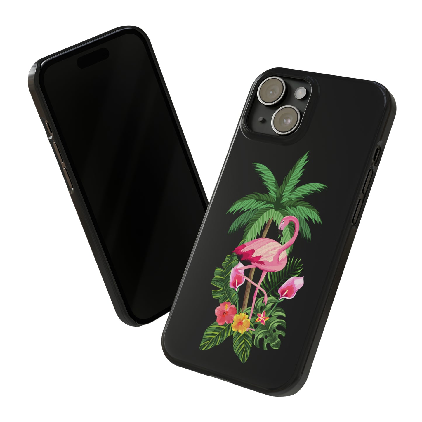 Tropical Pink Flamingo and Flowers Black Background Iphone 15-12 Slim Phone Case