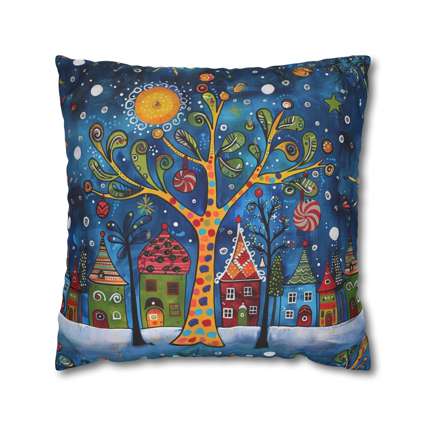 Winter Village Abstract Folk Art Christmas Scene Spun Polyester Square Pillowcase 4 Sizes