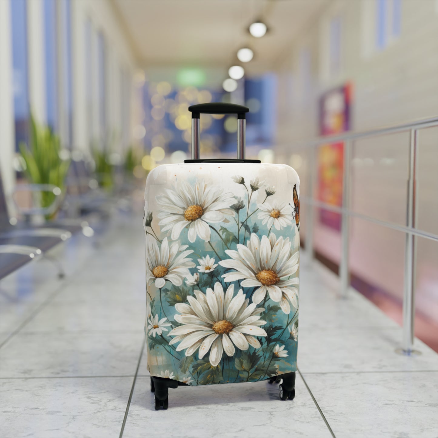 Rustic Farmhouse Teal and White Wild Daisies and Butterflies  - Luggage Protector and Cover 3 Sizes