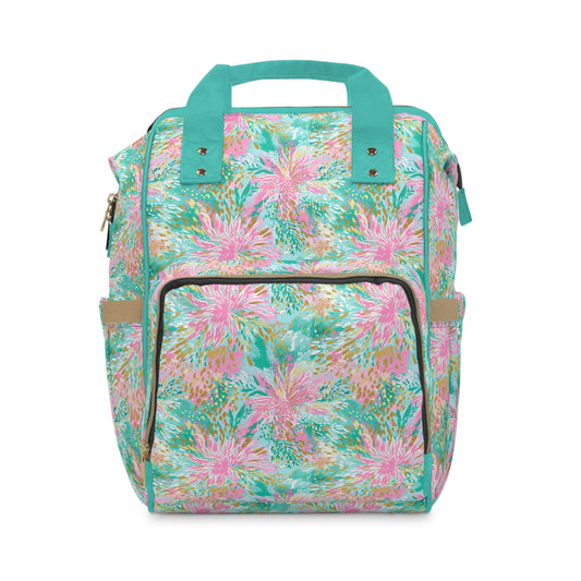 Soft Petal Symphony: Pastel Pink and Green Watercolor Flower Bursts Multifunctional Diaper Backpack