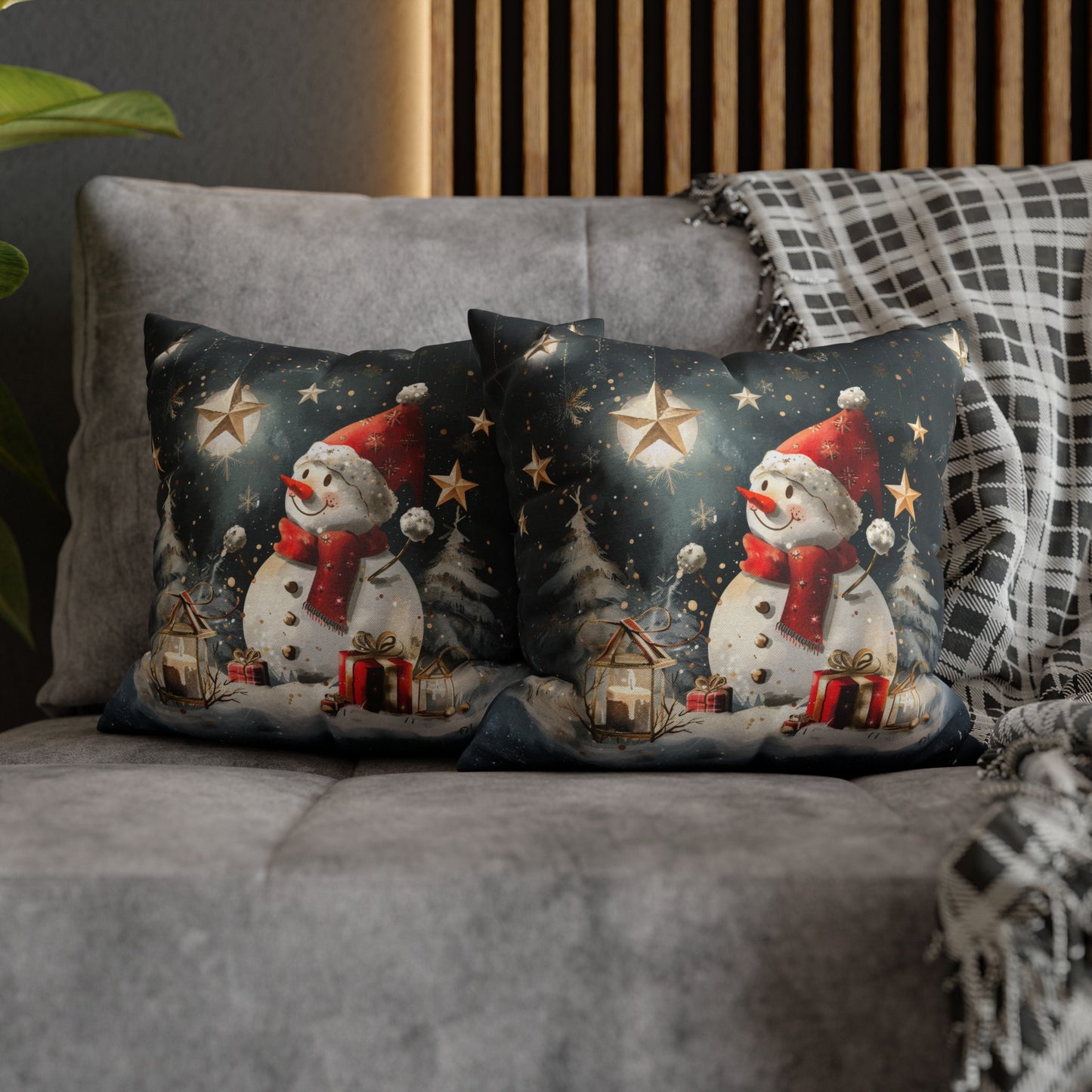 Moonlit Frost: Snowman Basking in Moonlight Surrounded by Presents Spun Polyester Square Pillowcase 4 Sizes